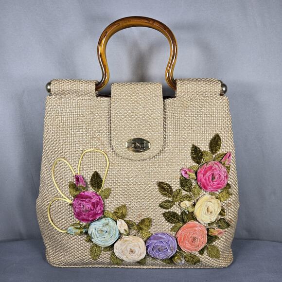 Vintage Handbags - Vintage Handmade Tote Bag Velvet Flowers Woven Straw Look Purse Acrylic Handles